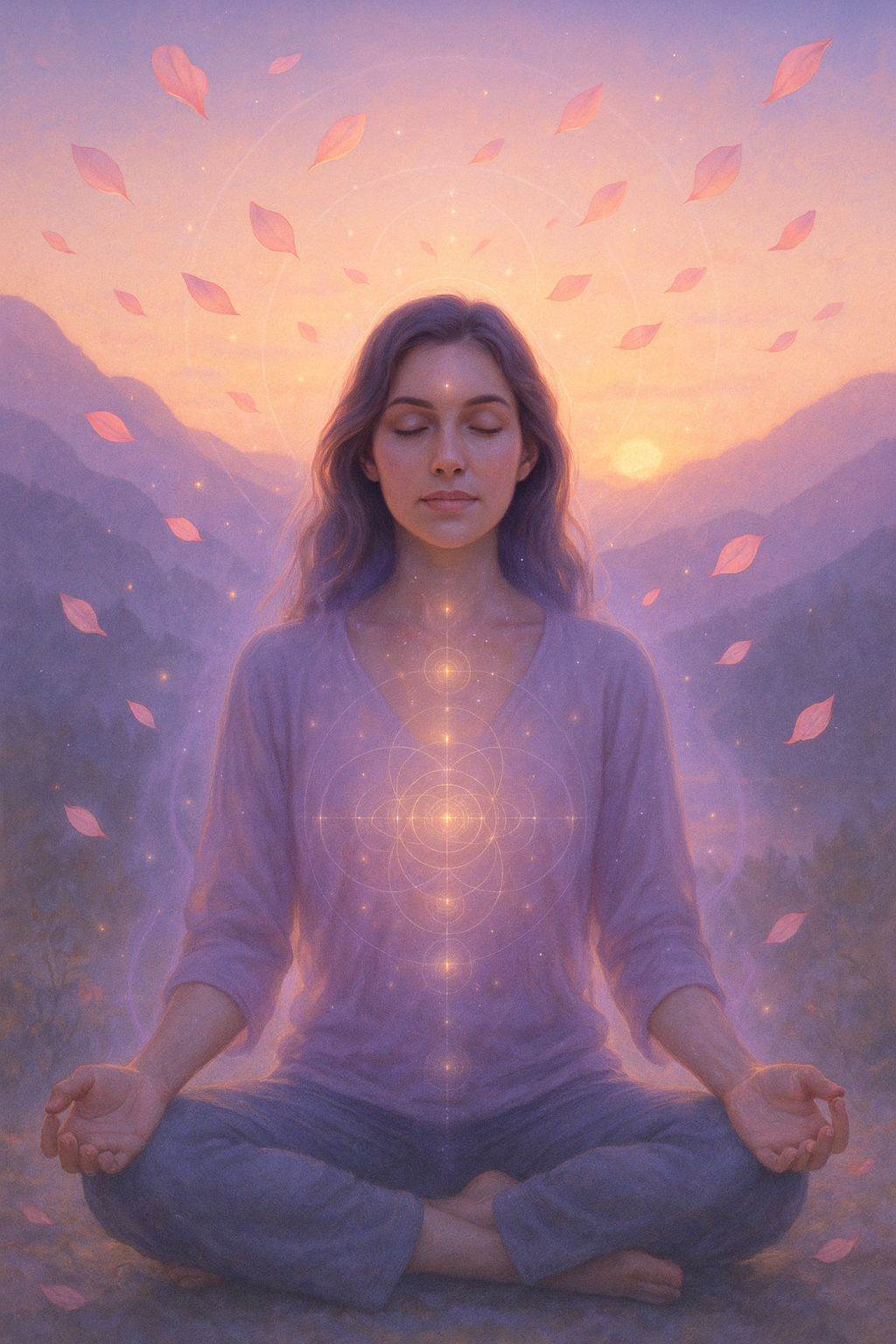 Person meditating with sacred geometry and transformative energy