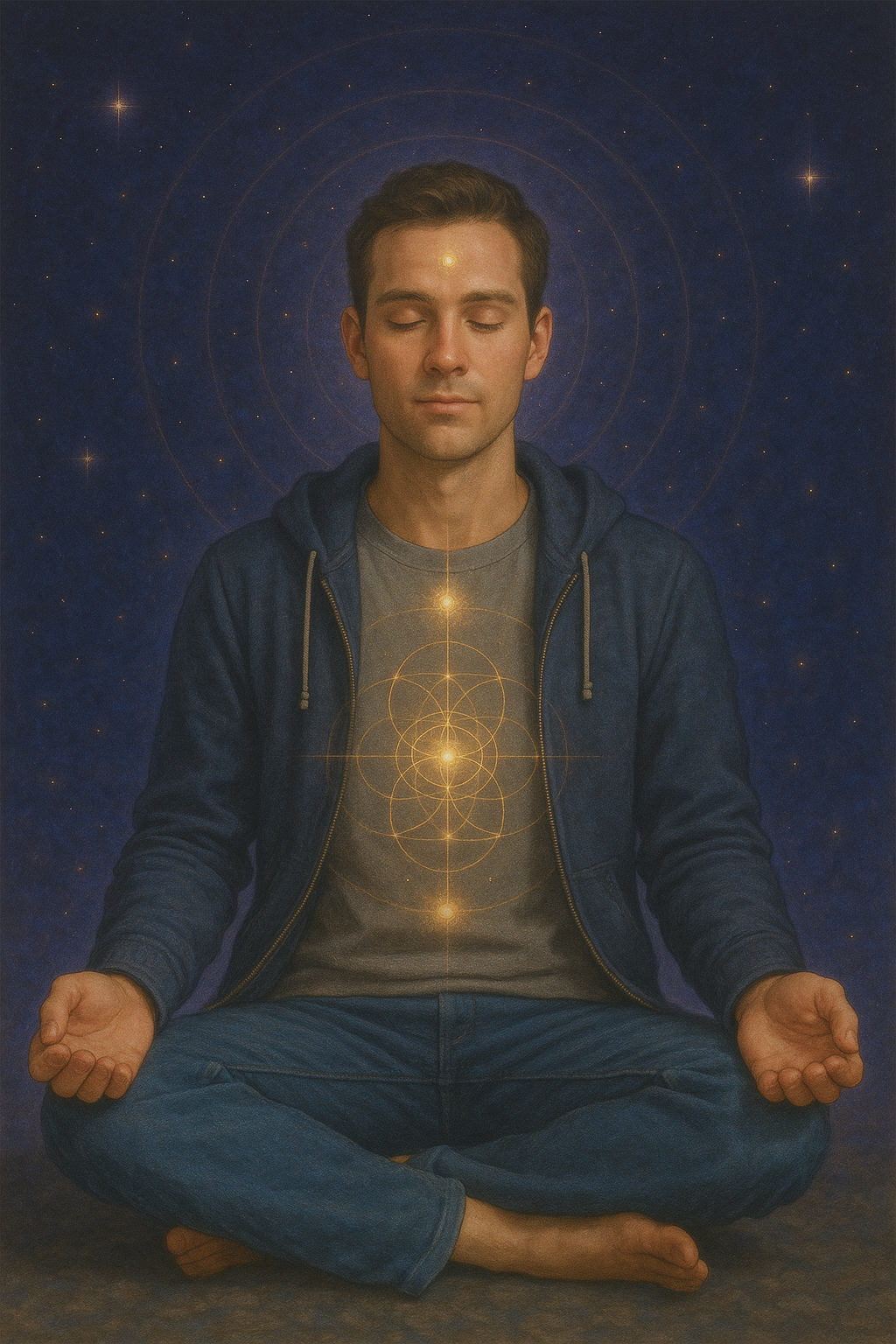 Man in deep meditation with sacred geometry, embodying spiritual awakening